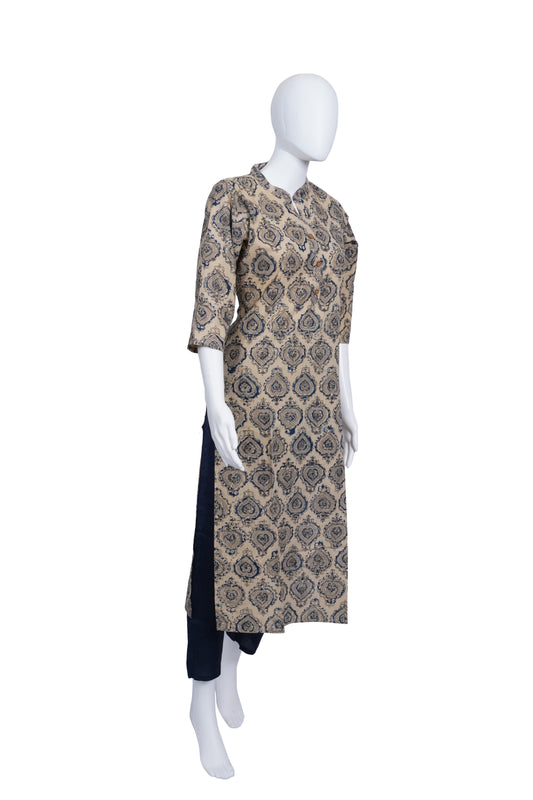 Off White With Blue Print Ajrakh Print Kurta