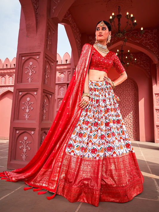 Red With white Silk Lehenga Choli with Patola Print