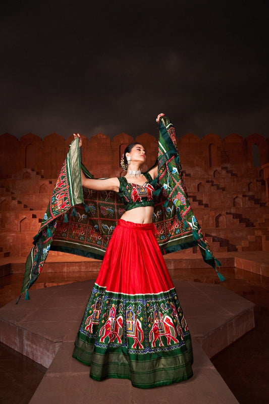 Red Dola Silk Navratri Lehenga Choli with Patola Print