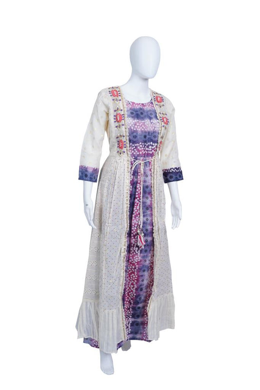 Purple & White Long Shrug Style Ethnic Long Dress