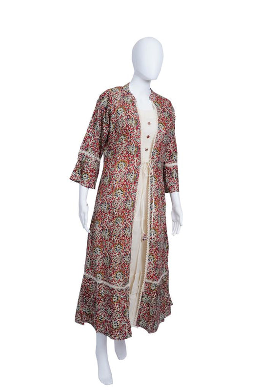 Red Ajrakh Print Ethnic Gown with Long Shrug