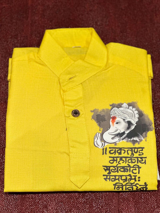 Bond Collar Yellow Ganesha Kids Kurta With Pants (Vakratund Mahakaya)