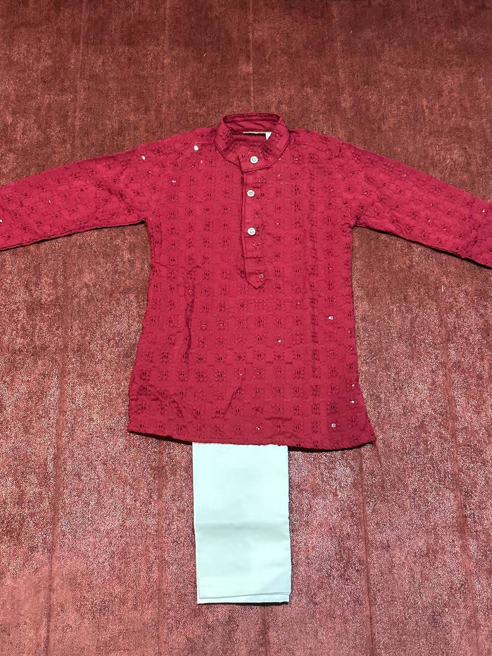 Bond Collar Maroon Sequence Kids Kurta Set